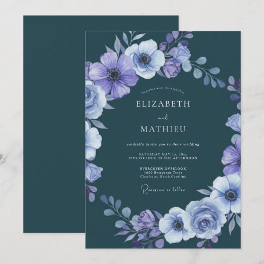 Dark Teal Dramatic Winter Wedding 招待状 (正面/裏面)