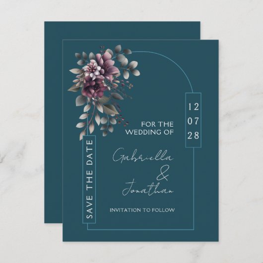 Dark Teal, Dusty Purple Arch Save the Date | 招待状 (正面/裏面)