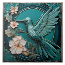 Dark teal faux relief Art Nouveau Hummingbird L タイル