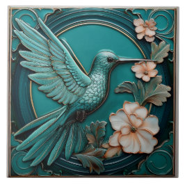 Dark teal faux relief Art Nouveau Hummingbird R タイル