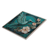 Dark teal faux relief Art Nouveau Hummingbird R タイル (側面)