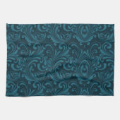 Dark teal floral damask pattern キッチンタオル (横)