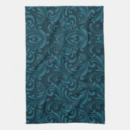 Dark teal floral damask pattern キッチンタオル
