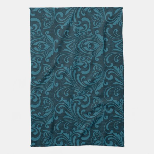 Dark teal floral damask pattern キッチンタオル (縦)