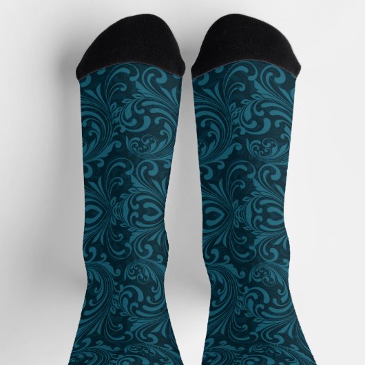 Dark teal floral damask pattern ソックス (上部)