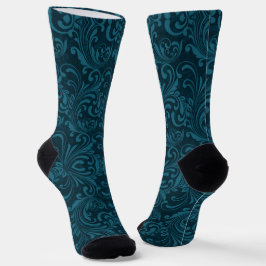 Dark teal floral damask pattern ソックス