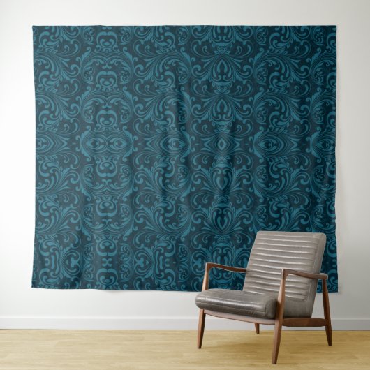 Dark teal floral damask pattern タペストリー (インサイチュ(横))