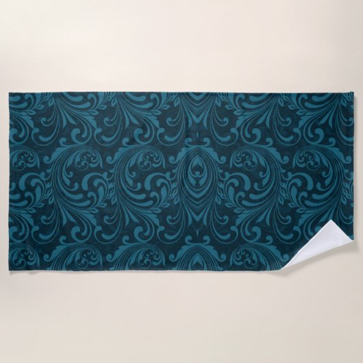 Dark teal floral damask pattern ビーチタオル (正面)