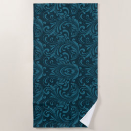 Dark teal floral damask pattern ビーチタオル