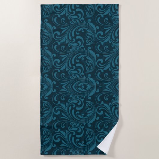Dark teal floral damask pattern ビーチタオル (正面)