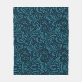 Dark teal floral damask pattern フリースブランケット