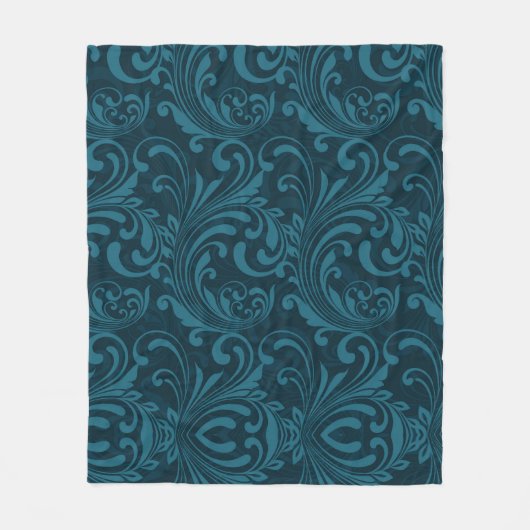Dark teal floral damask pattern フリースブランケット (正面)