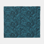 Dark teal floral damask pattern フリースブランケット (正面(横))