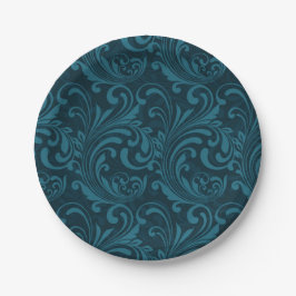 Dark teal floral damask pattern ペーパープレート