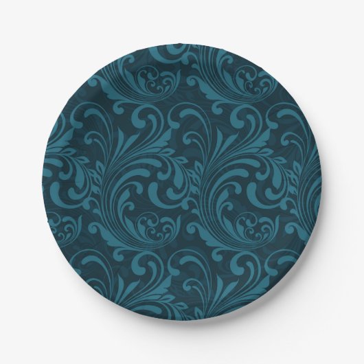Dark teal floral damask pattern ペーパープレート (正面)