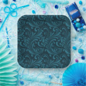 Dark teal floral damask pattern ペーパープレート (パーティー)