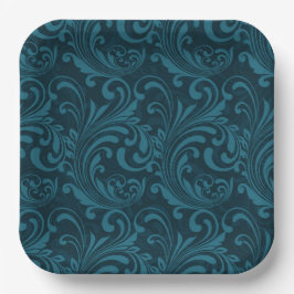 Dark teal floral damask pattern ペーパープレート