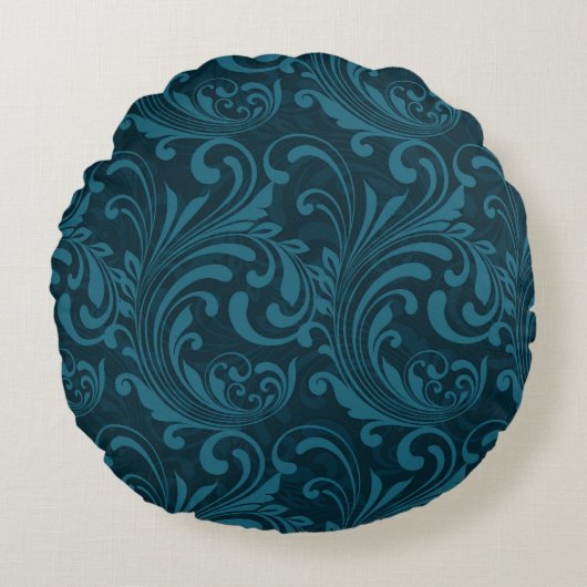 Dark teal floral damask pattern ラウンドクッション (正面)