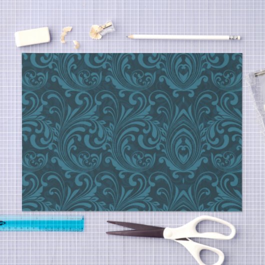 Dark teal floral damask pattern 薄葉紙 (クラフト)