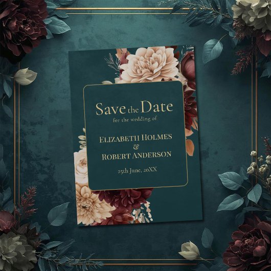 Dark Teal Floral Gothic Save the Date 招待状