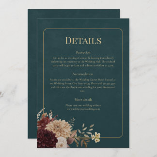 Dark Teal Floral Gothic Wedding Details Card 招待状