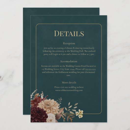 Dark Teal Floral Gothic Wedding Details Card 招待状 (正面/裏面)