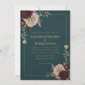 Dark Teal Floral Gothic Wedding Invitation 招待状 (正面)