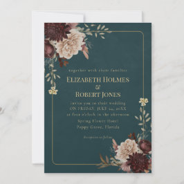 Dark Teal Floral Gothic Wedding Invitation 招待状