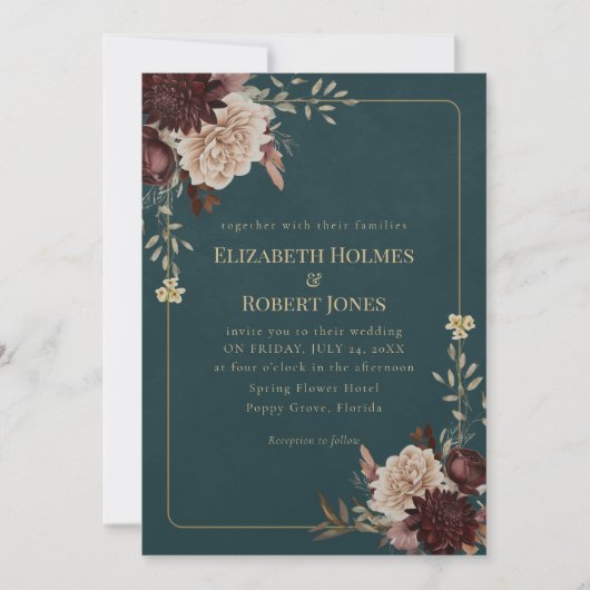 Dark Teal Floral Gothic Wedding Invitation 招待状 (正面)