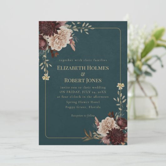 Dark Teal Floral Gothic Wedding Invitation 招待状 (スタンド正面)