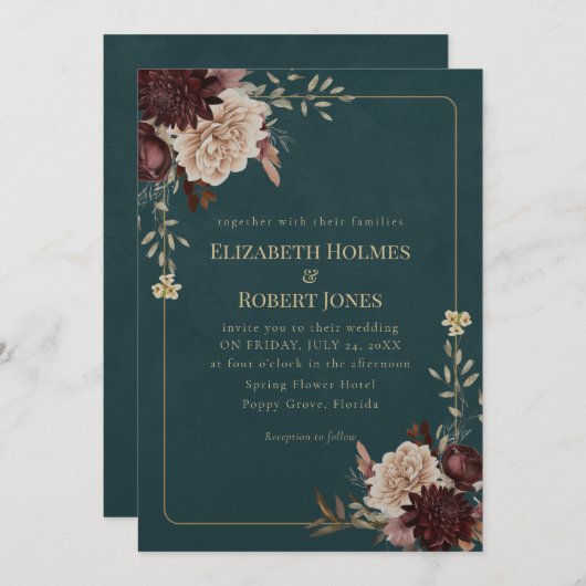 Dark Teal Floral Gothic Wedding Invitation 招待状 (正面/裏面)