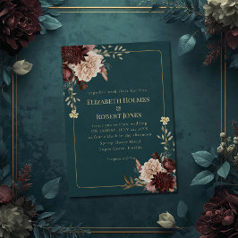 Dark Teal Floral Gothic Wedding Invitation 招待状