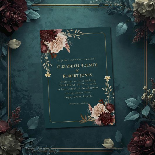 Dark Teal Floral Gothic Wedding Invitation 招待状