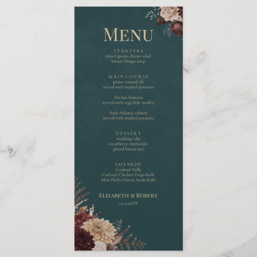 Dark Teal Floral Gothic Wedding Menu メニュー (正面)