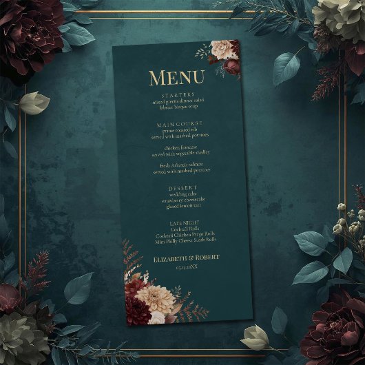 Dark Teal Floral Gothic Wedding Menu メニュー