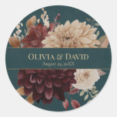Dark Teal Floral Gothic Wedding Round Sticker ラウンドシール (正面)