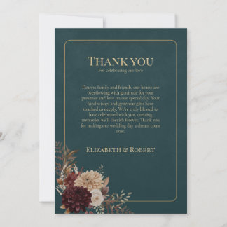 Dark Teal Floral Gothic Wedding Thank You Card サンキューカード