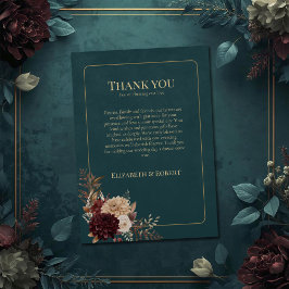 Dark Teal Floral Gothic Wedding Thank You Card サンキューカード