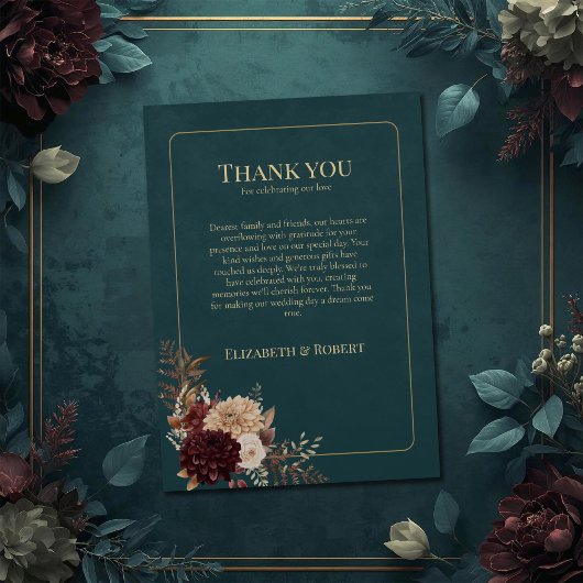 Dark Teal Floral Gothic Wedding Thank You Card サンキューカード