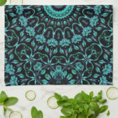 Dark Teal Floral Noir Mandala キッチンタオル (折り畳み)