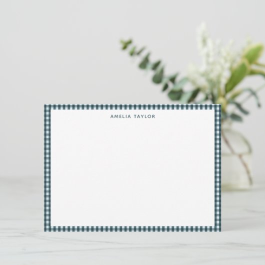 Dark Teal Gingham Border Personalized Stationery ノートカード (スタンド正面)