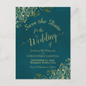 Dark Teal & Gold Calligraphy Wedding Save the Date 案内ポストカード (正面)