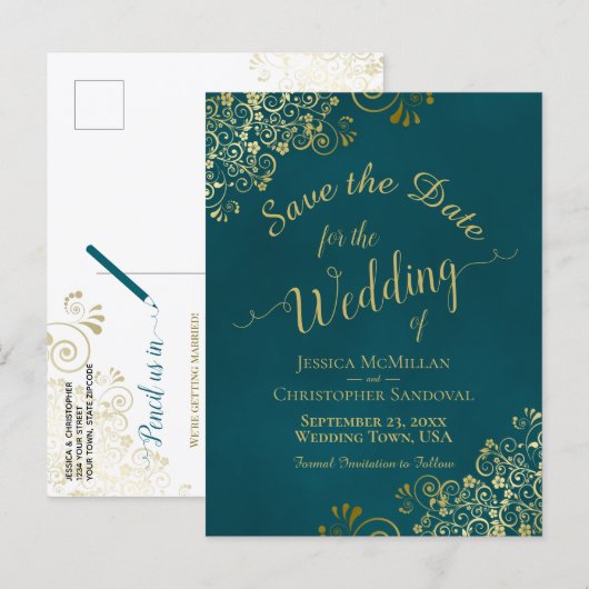 Dark Teal & Gold Calligraphy Wedding Save the Date 案内ポストカード (正面/裏面)