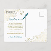Dark Teal & Gold Calligraphy Wedding Save the Date 案内ポストカード (裏面)