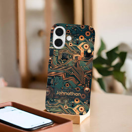 Dark Teal Gold Circuit Board Custom iPhone 16ケース