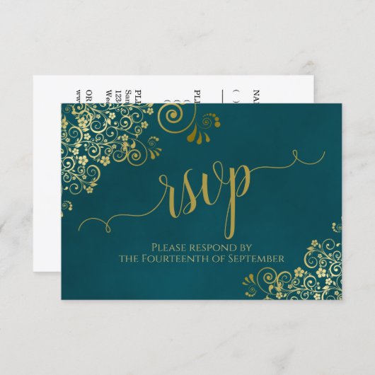 Dark Teal & Gold Elegant Lacy Calligraphy Wedding 出欠カード (正面/裏面)