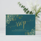 Dark Teal & Gold Elegant Lacy Calligraphy Wedding 出欠カード (スタンド正面)