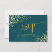 Dark Teal & Gold Elegant Lacy Calligraphy Wedding 出欠カード (正面)