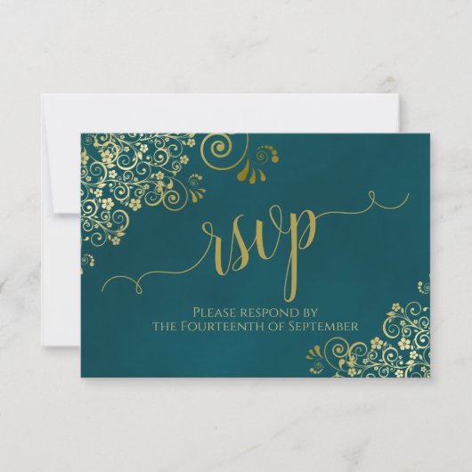 Dark Teal & Gold Elegant Lacy Calligraphy Wedding 出欠カード (正面)