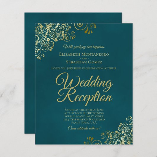 Dark Teal & Gold Wedding Reception BUDGET Invite (正面/裏面)